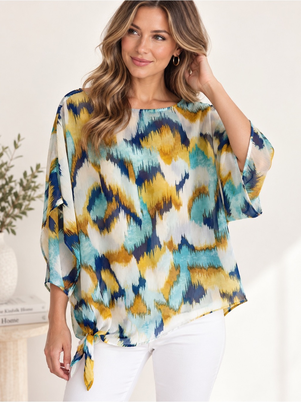 Chico’s Multicolor Ikat Poncho Blouse S/M Asymmetric Boho Top